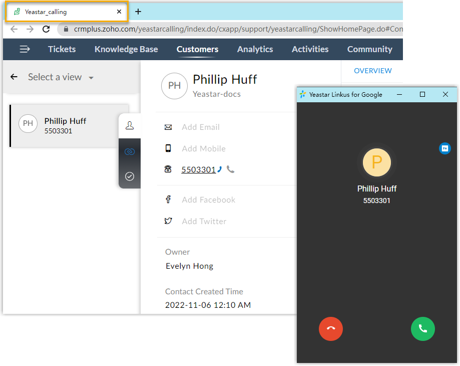 Cloud Voice, a Zoho Desk contact record opened in a new browser tab