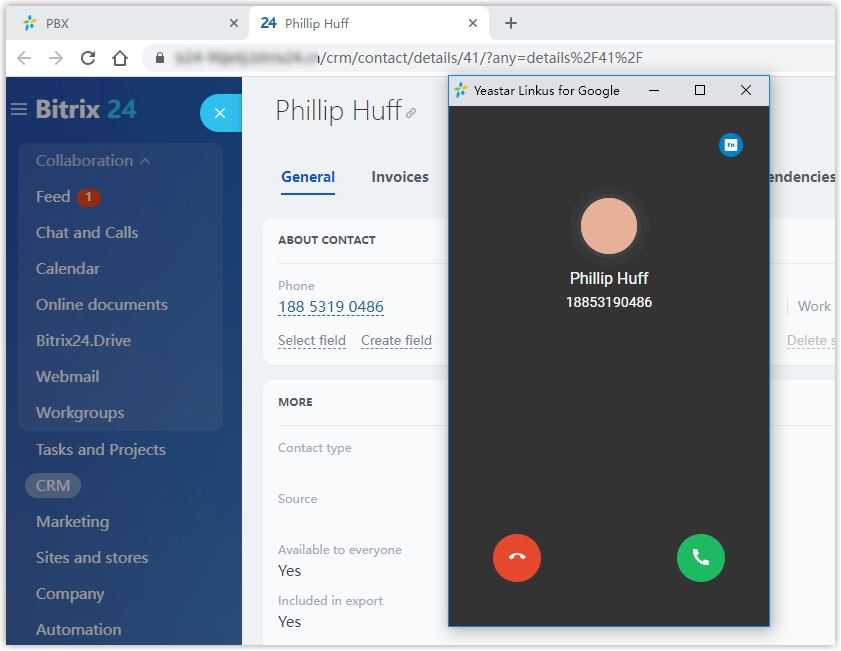 Cloud Voice, a Bitrix24 contact record opened automatically in a browser tab