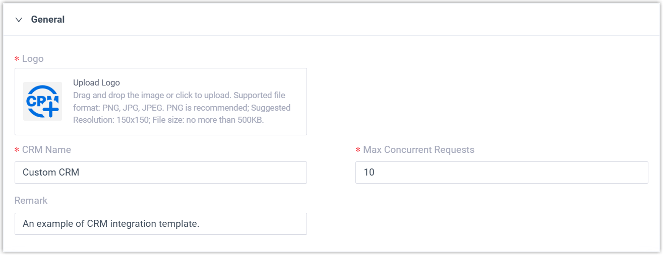 The General section of a new CRM template