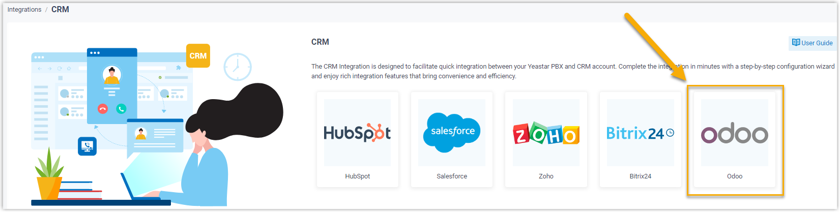 Cloud Voice, selecting Odoo on the CRM integration page