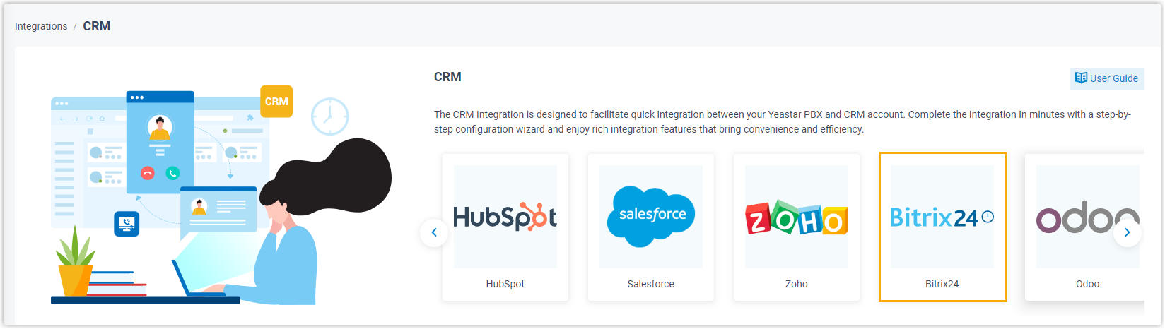 Cloud Voice, CRM page with Bitrix24 available as an integration option