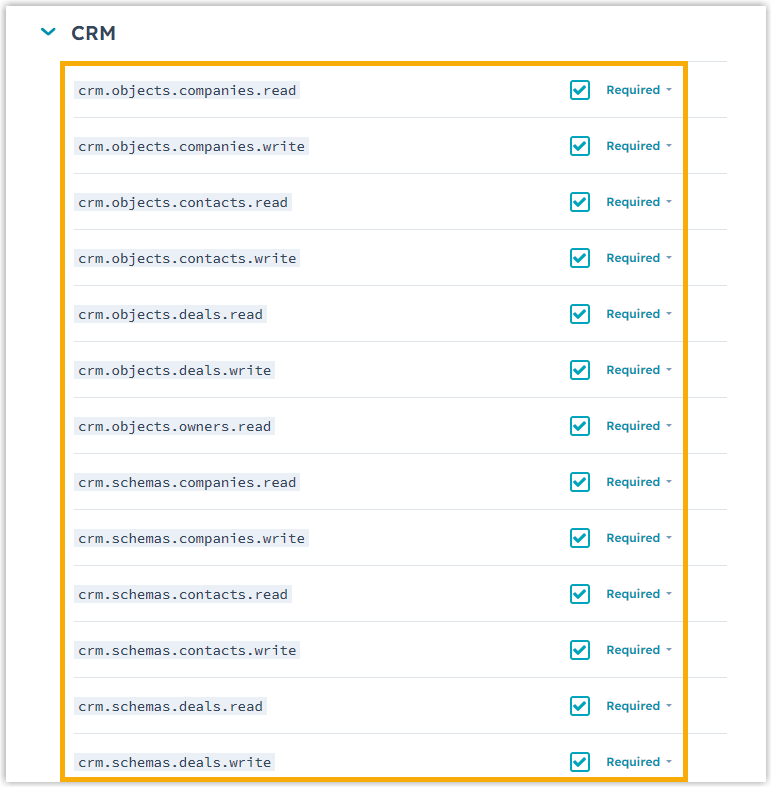 Selected CRM scopes listed in the app authorization settings
