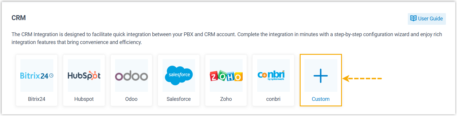 The CRM list with the Custom option for building your own integration
