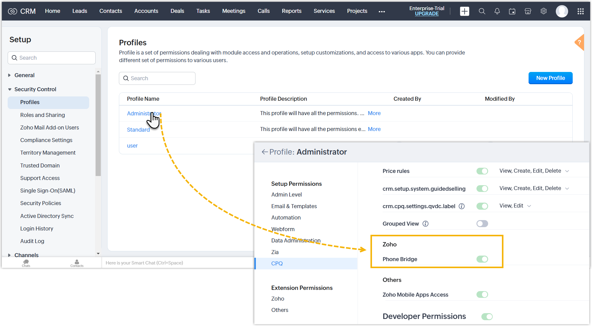 The profile permissions view in Zoho Security Control