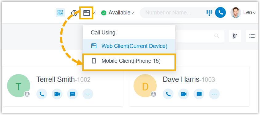 Device menu open in the browser app with Mobile Client selected to enable CTI mode