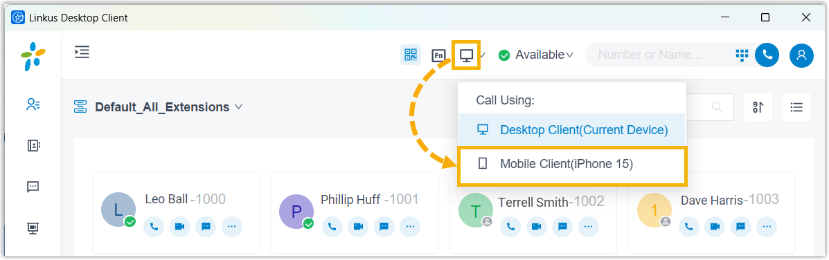 Cloud Voice, CTI drop-down with Mobile Client selected as the control target