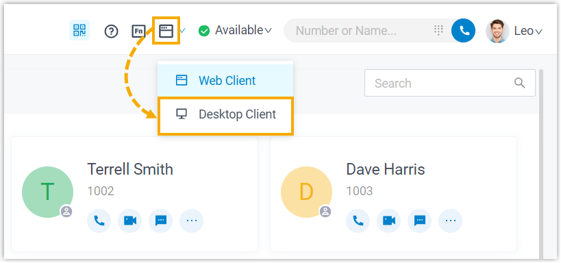 CTI mode selected so the Web Client controls the Desktop Client