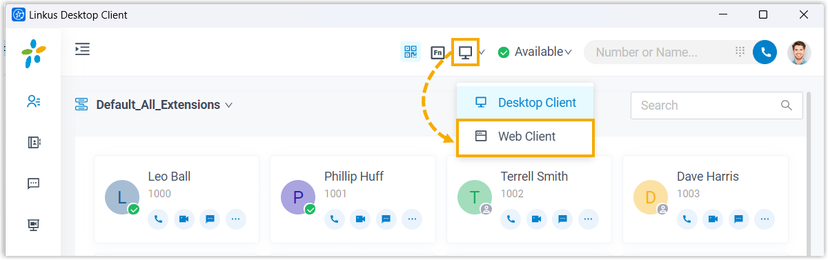 Cloud Voice, selecting Web Client from the CTI menu in the Desktop Client