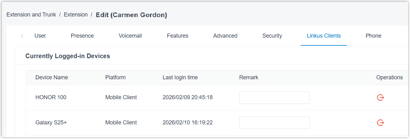 Cloud Voice, Currently Logged-in Devices list with device name, client type, and last login time