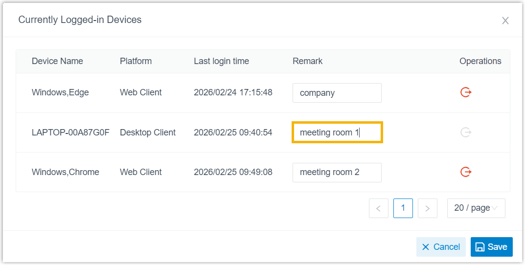Entering a remark next to a device in the logged-in devices list