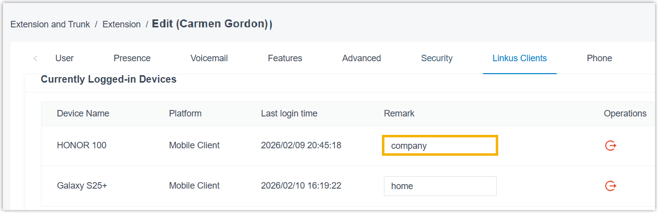 Cloud Voice, entering a remark next to a logged-in device