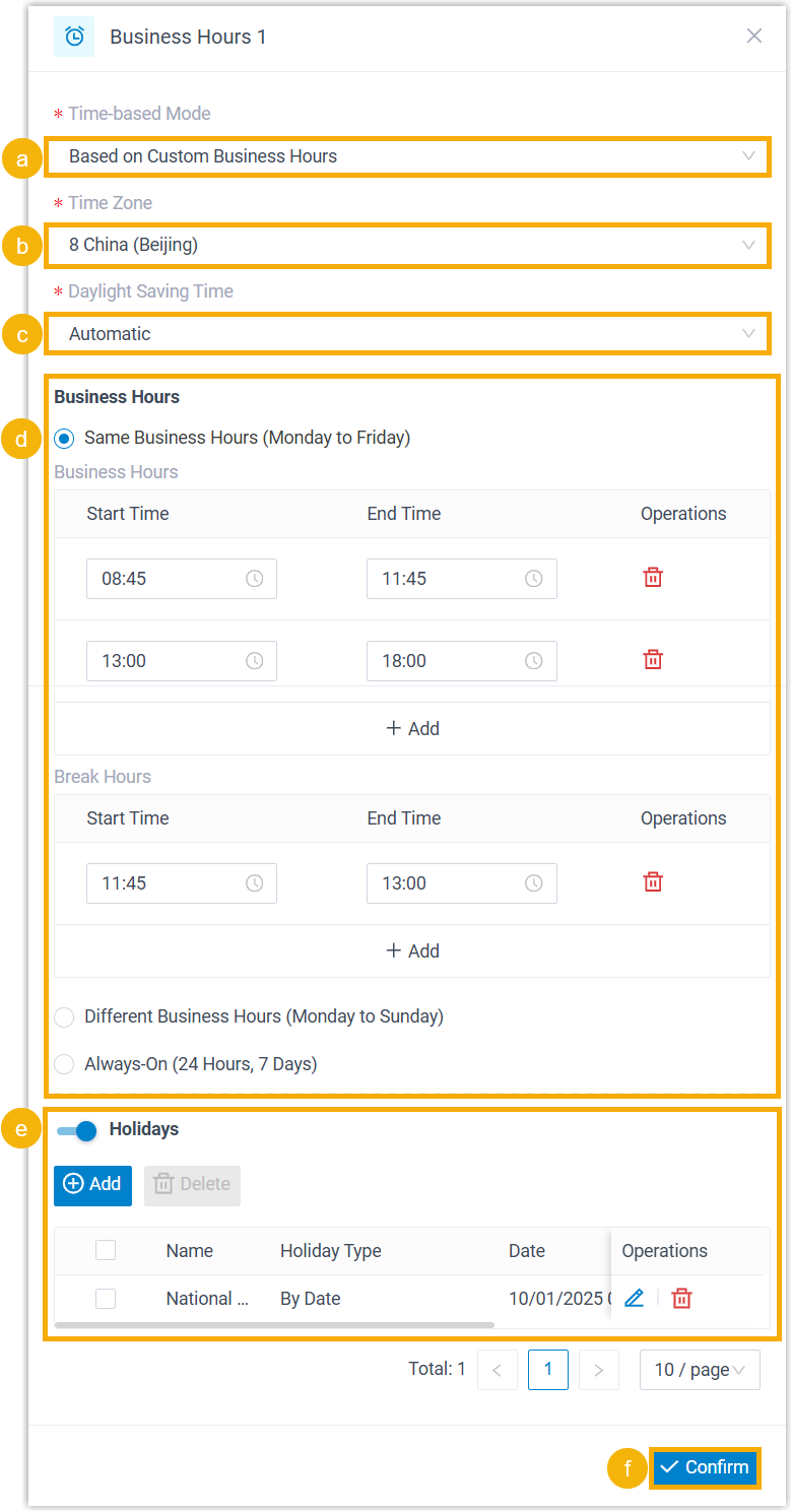 Settings for the custom business-hours mode