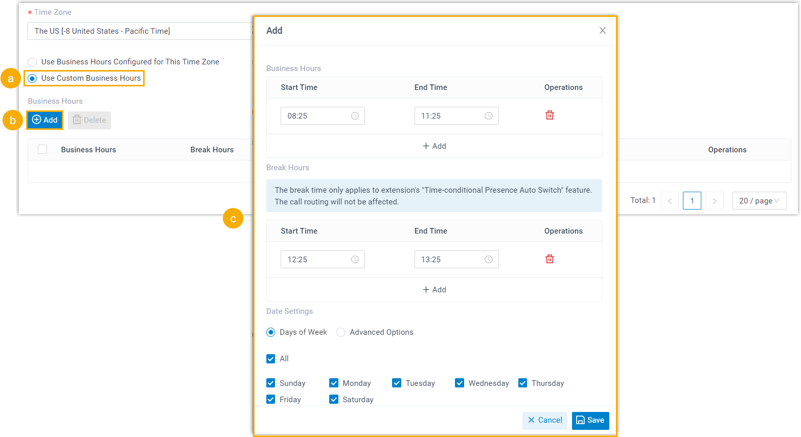 Custom business hours being defined for a single extension