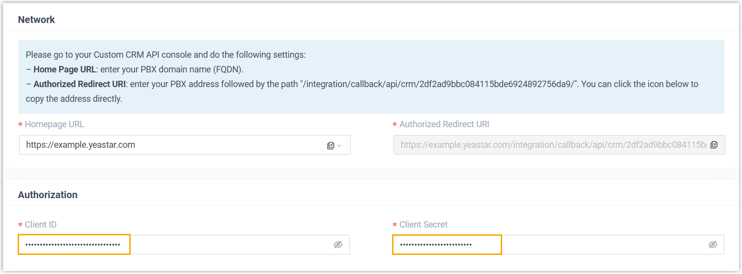 Cloud Voice, the Authorization section for a CRM that uses OAuth2