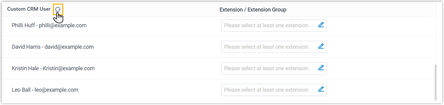 The synchronized list of CRM users on the integration page