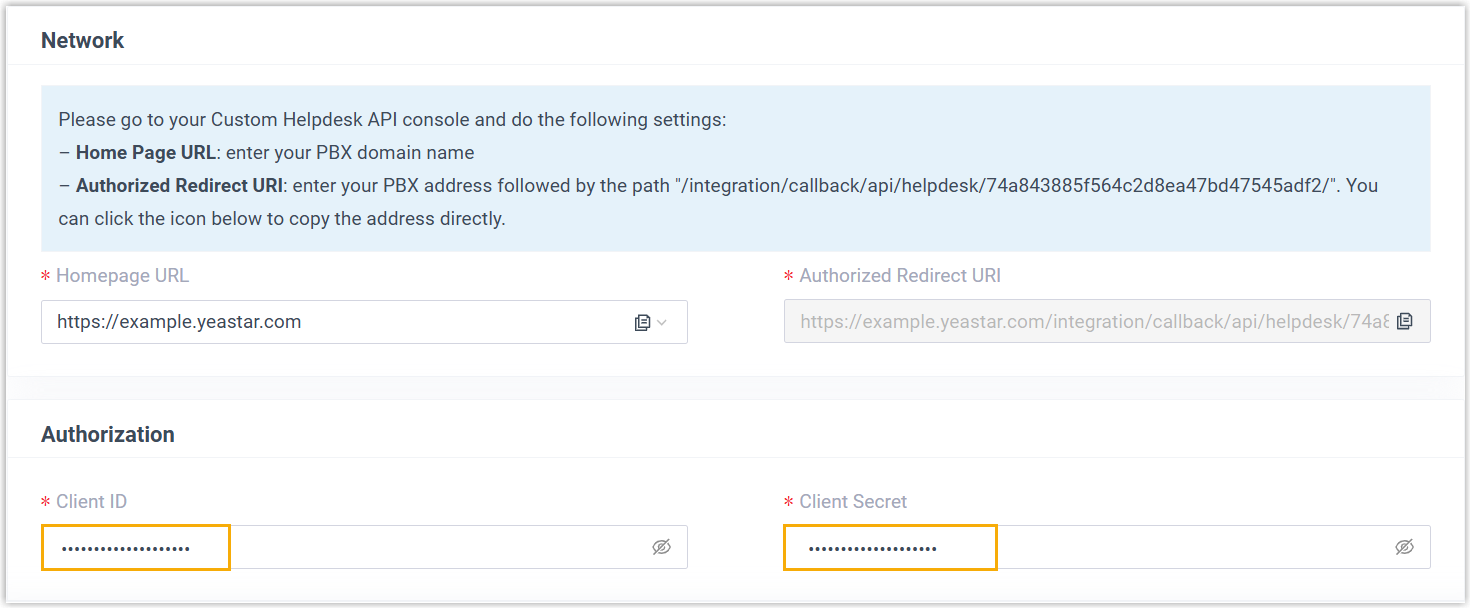 Cloud Voice, authorization fields for connecting a helpdesk with OAuth2