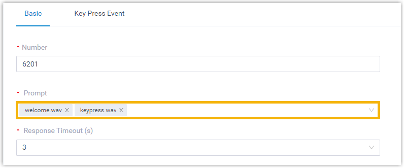 The Prompt drop-down on the IVR Basic tab with a greeting selected