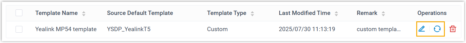 Custom template listed with edit and refresh controls