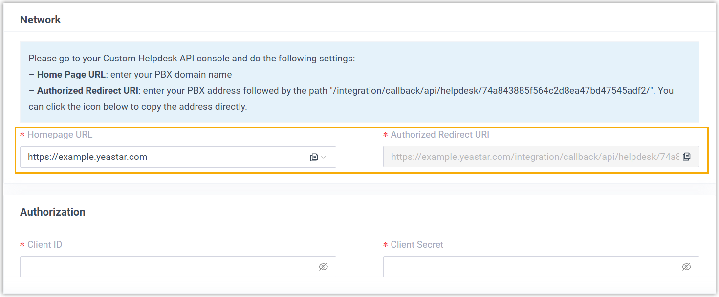 Cloud Voice, phone system authentication details used to register an OAuth2 application in the helpdesk
