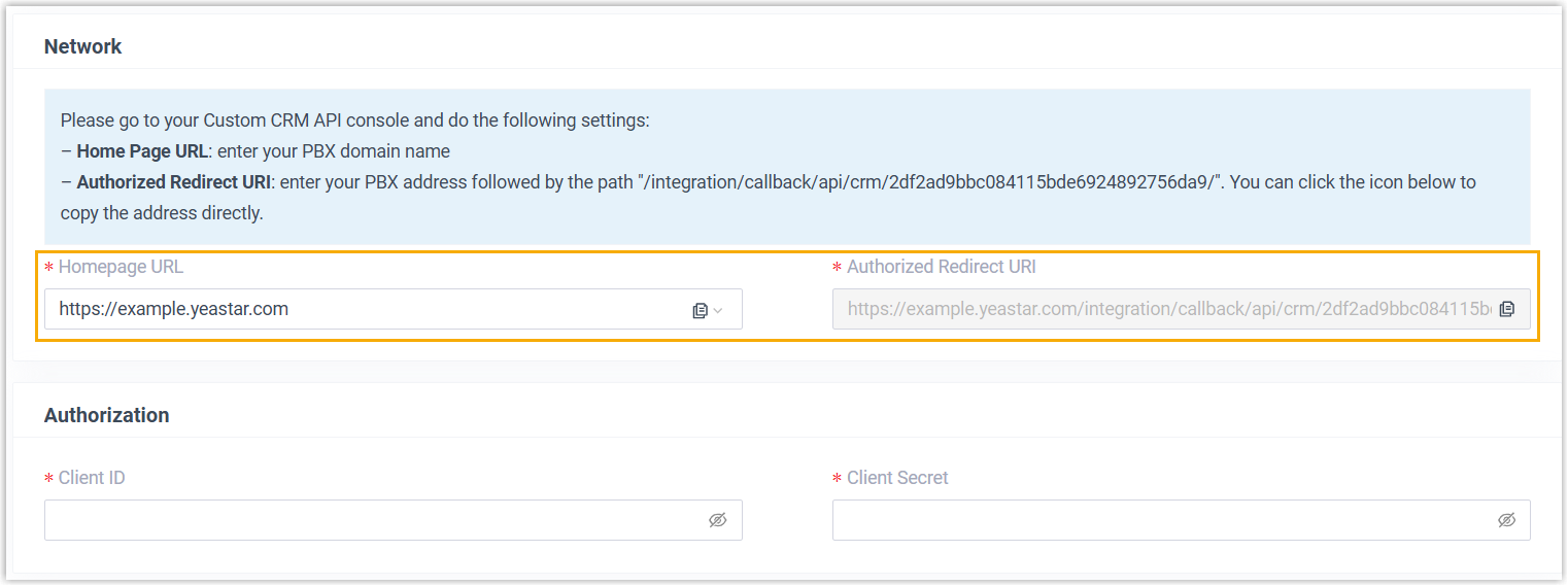 Cloud Voice, the Custom CRM panel showing the authentication values used to register an OAuth2 application in the CRM