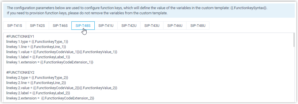 Advanced template editor with configuration text boxes for parameters and function keys