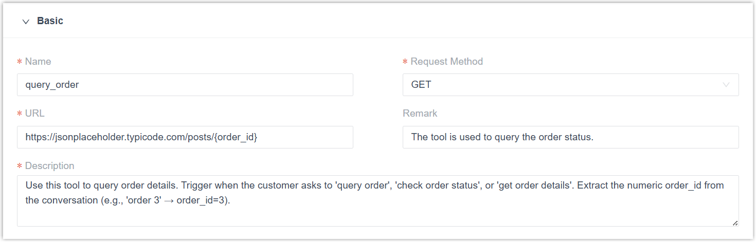 Basic information fields for a new tool, including name, method, and URL