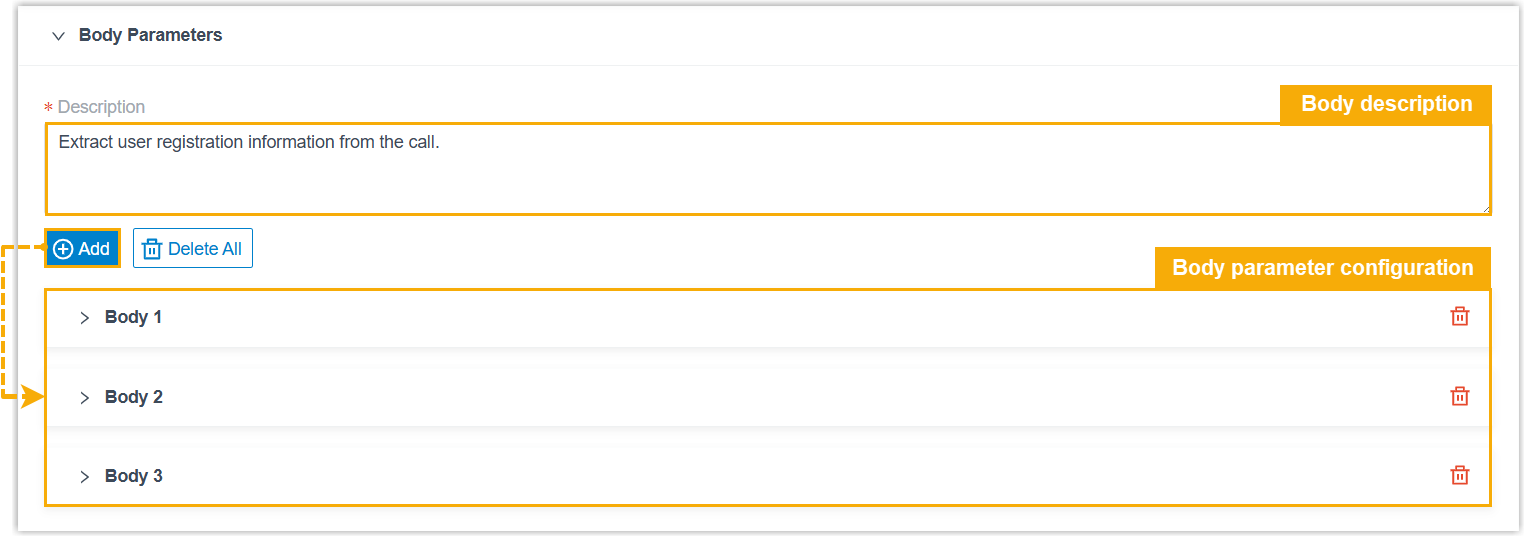 Configuration area for JSON body parameters