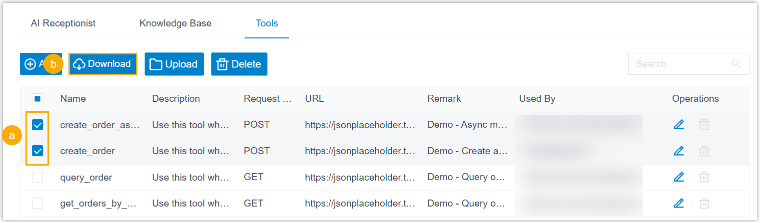 Selecting a tool and choosing Download from the tools list