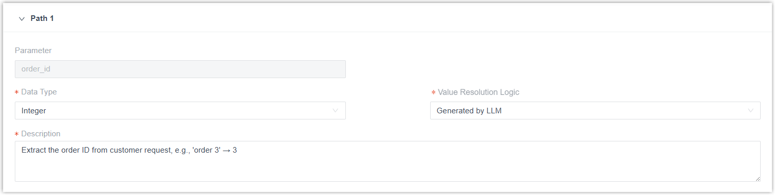 Configuration table for a path parameter detected in the URL