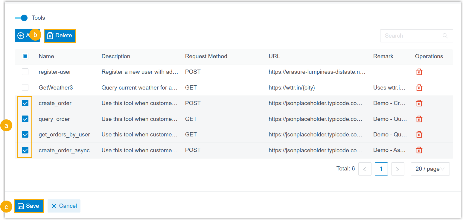 Tool list with entries selected for removal