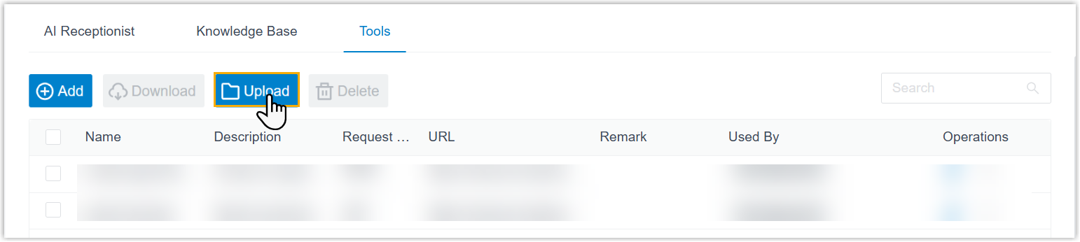 The Tools page with the Upload button used to import a tool configuration file