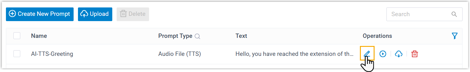 The custom prompt list where saved Text-to-Speech prompts can be reviewed and edited