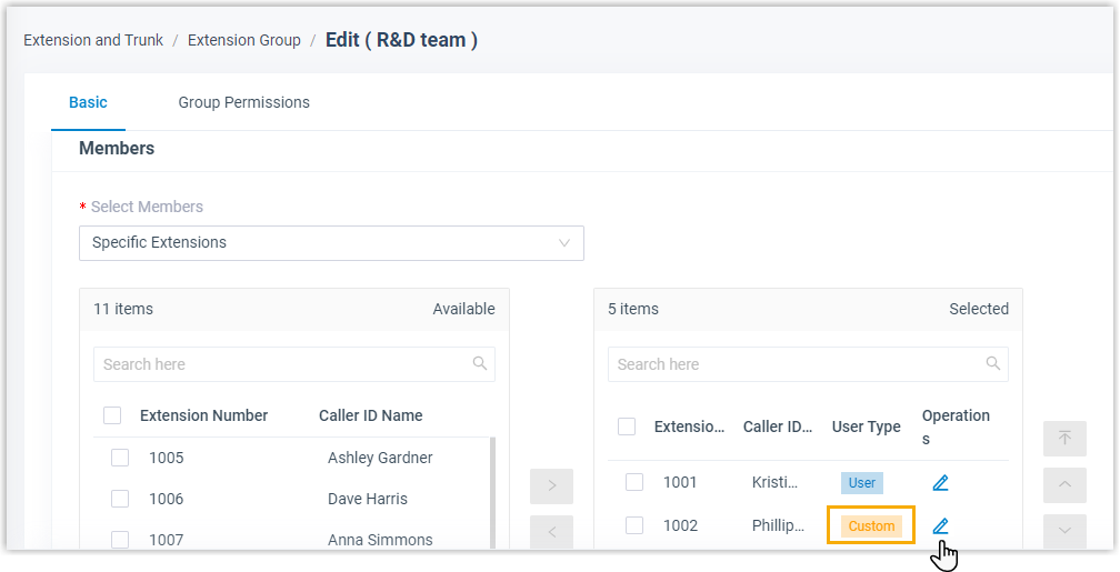 Permission checkboxes shown in the edit window for a member with the Custom user type