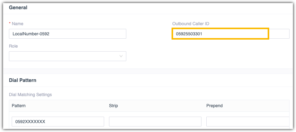 Outbound route General section with a custom outbound caller ID entered