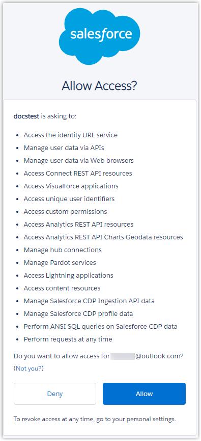 The Salesforce prompt requesting data access permission
