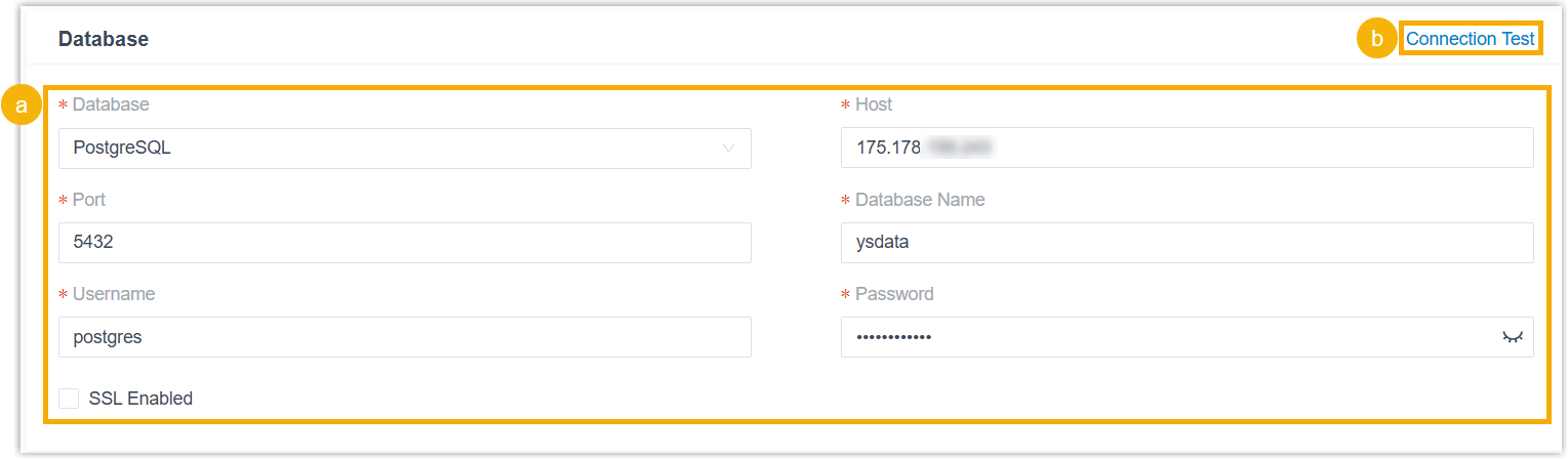 Database connection fields including host, port, and credentials