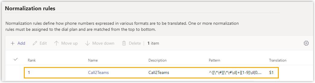 Default Call2Teams normalization rule with a six-digit pattern