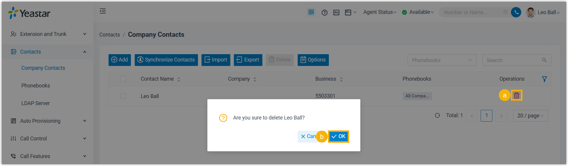 Confirmation prompt for removing one company contact