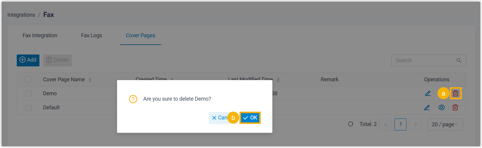 Cover page list with the delete control at the end of a row