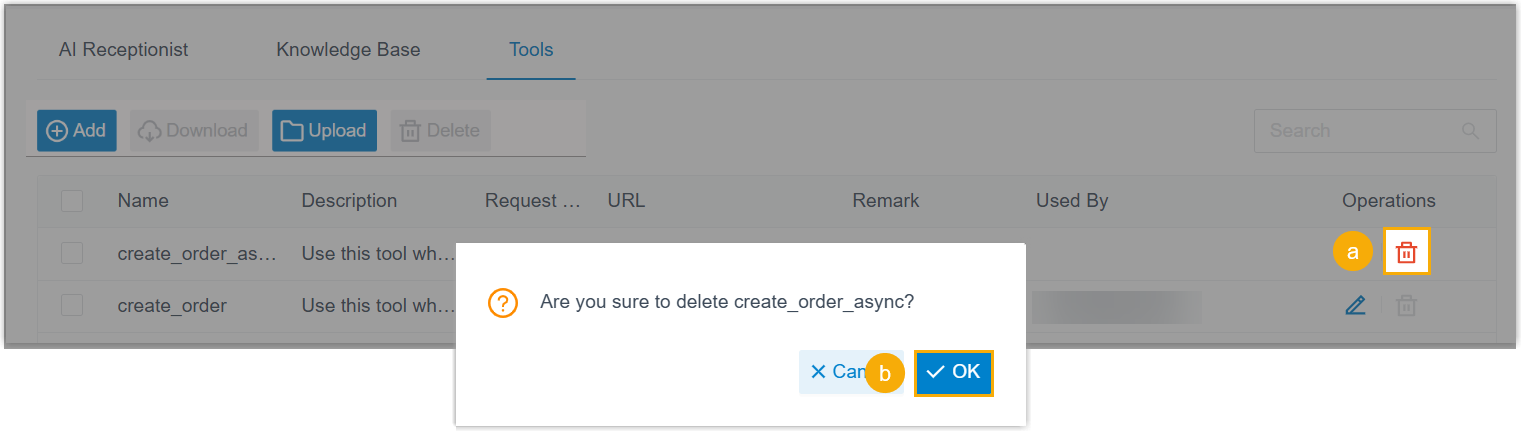 Removing one tool using the delete icon in the list