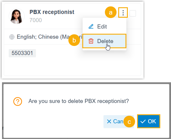 Deleting one AI receptionist from its row menu