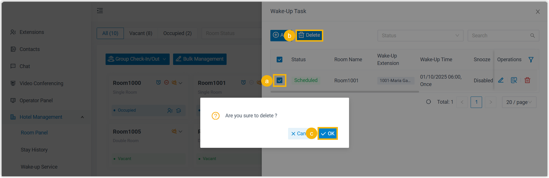 The room's wake-up tasks selected for deletion in the side panel