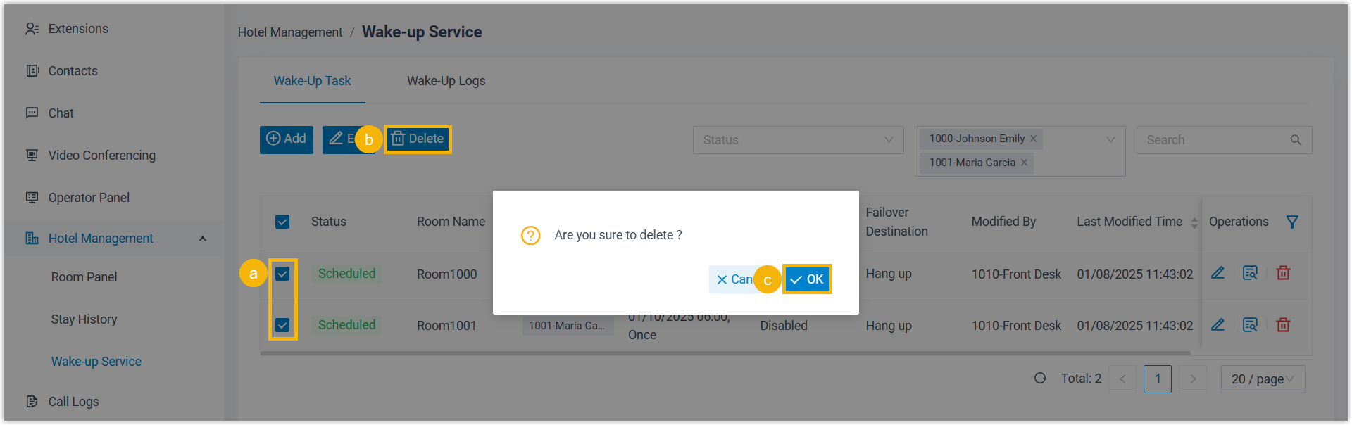 Selected wake-up tasks with the Delete action confirmed