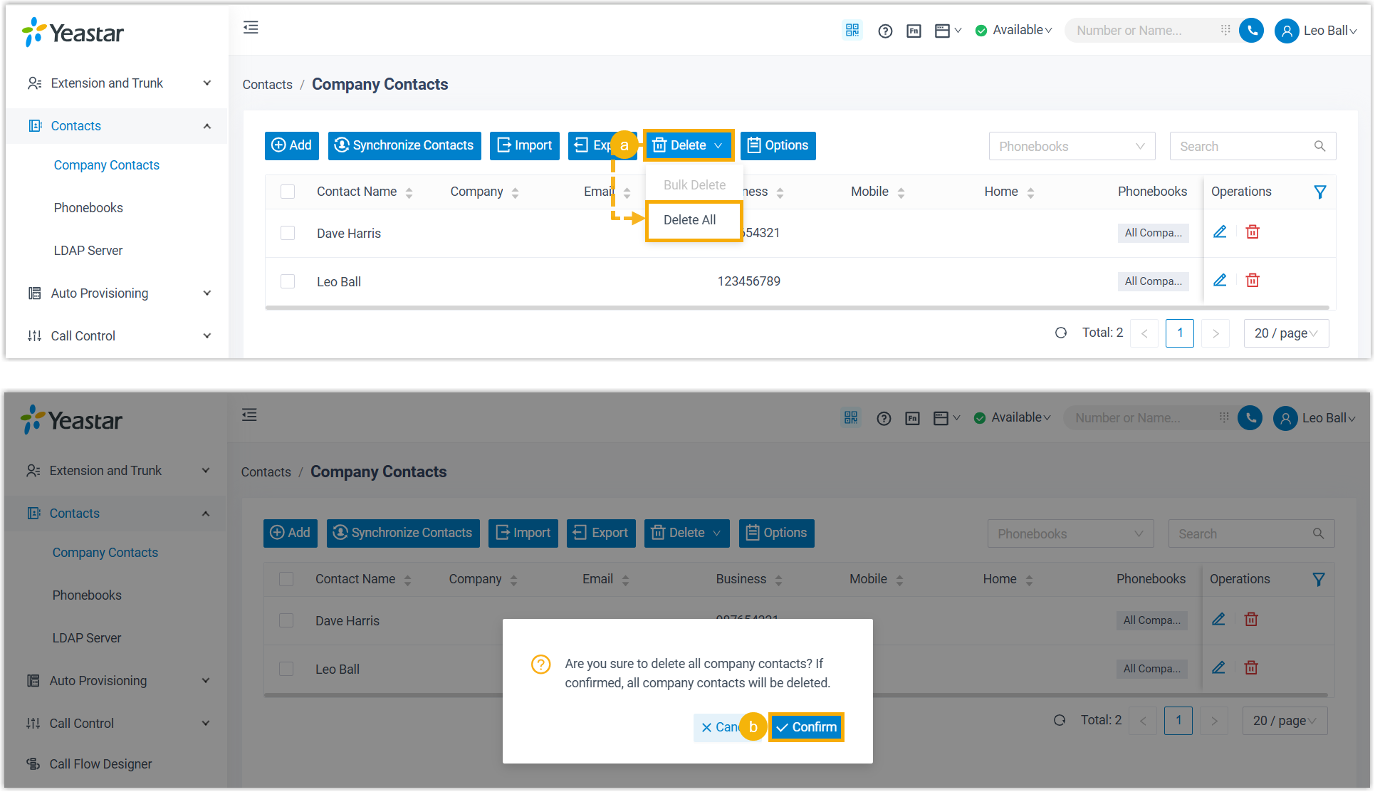 Cloud Voice, deleting every company contact at once