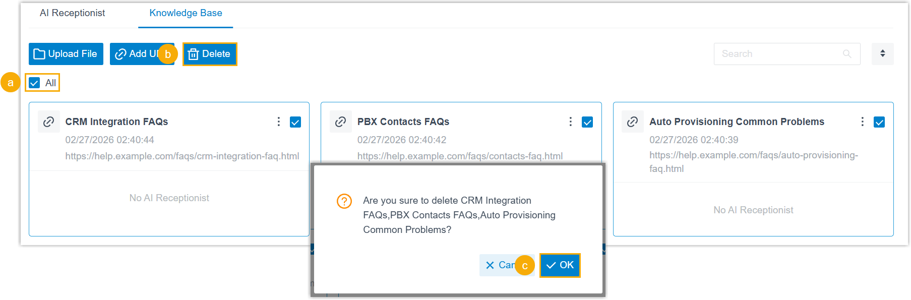 Selecting the All checkbox to clear the entire knowledge base