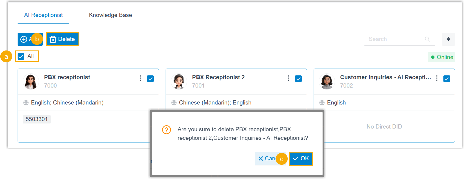 Selecting all AI receptionists for deletion