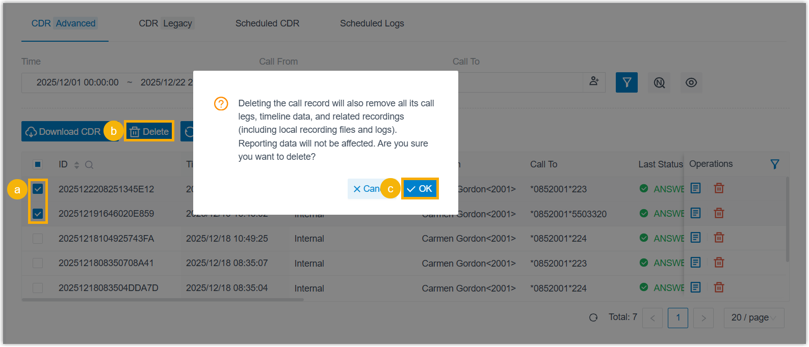 CDR list with several call records checked and the Delete action ready