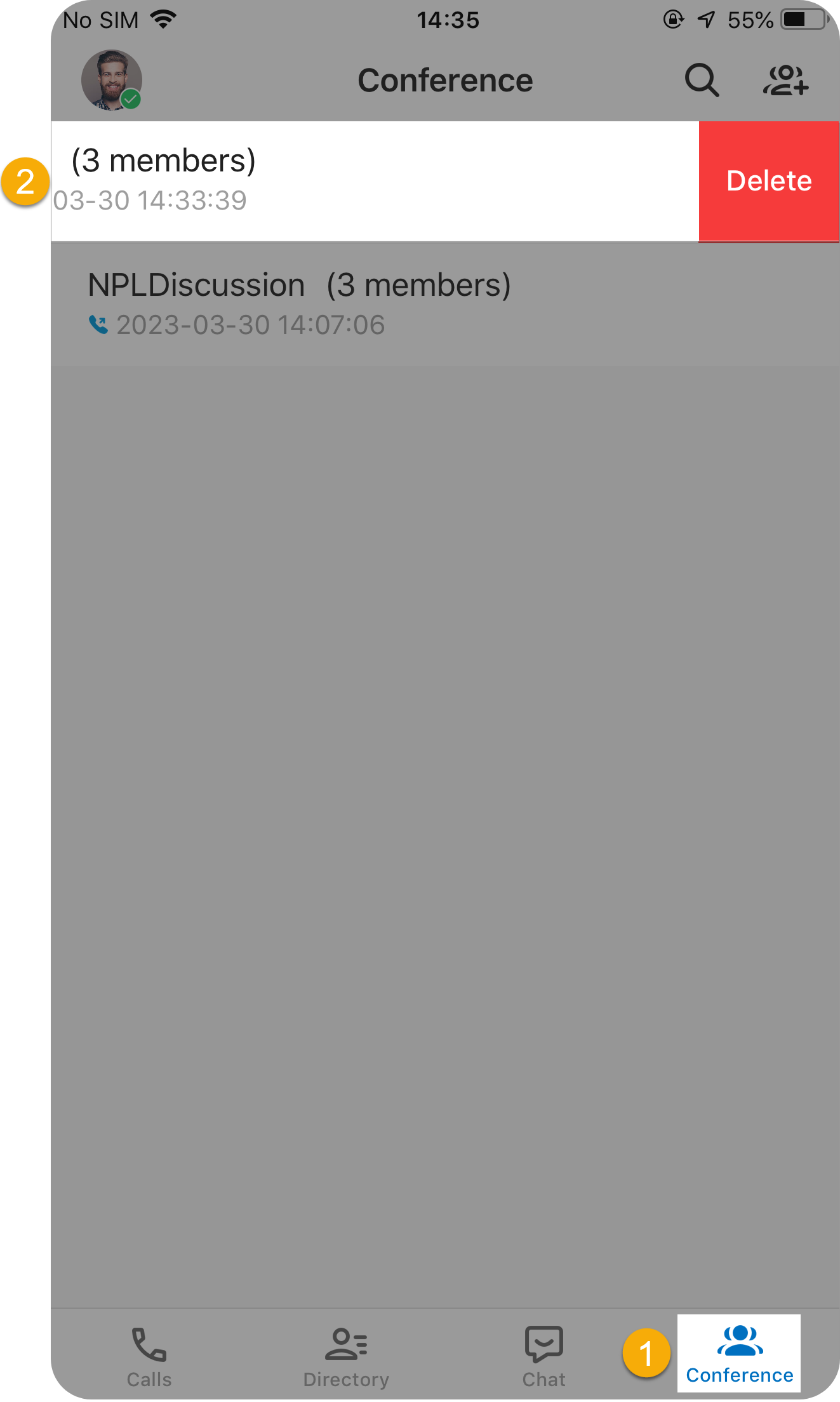 Conference tab in the Cloud Voice App with a long-pressed entry showing the Delete option