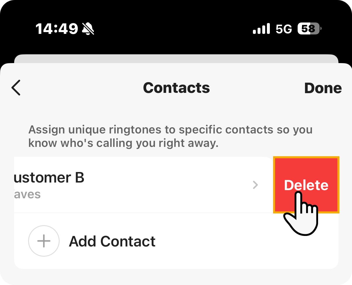 Swiping left on a contact ringtone rule reveals the Delete action