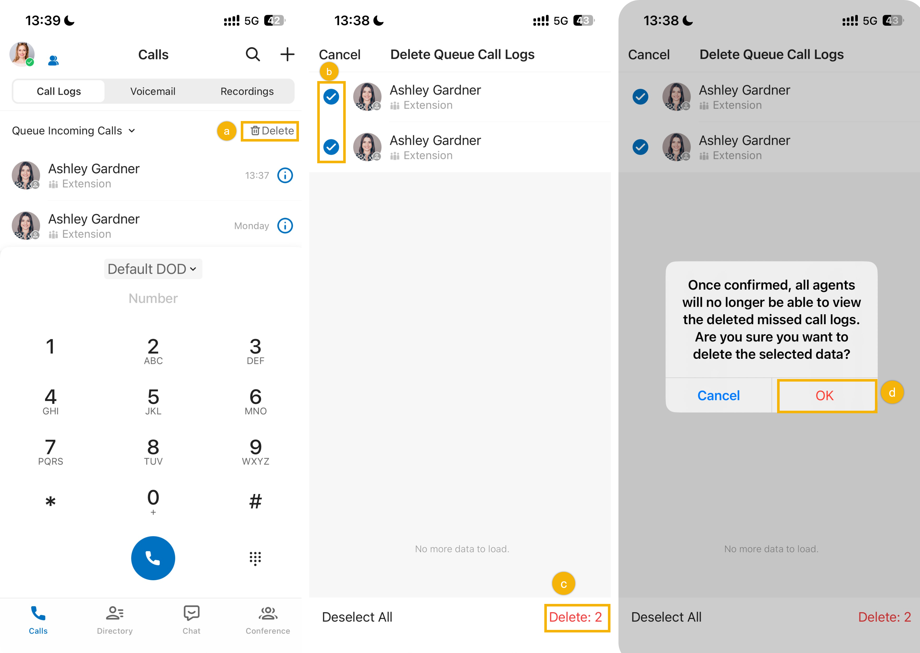 Bulk selection of incoming queue call logs for deletion